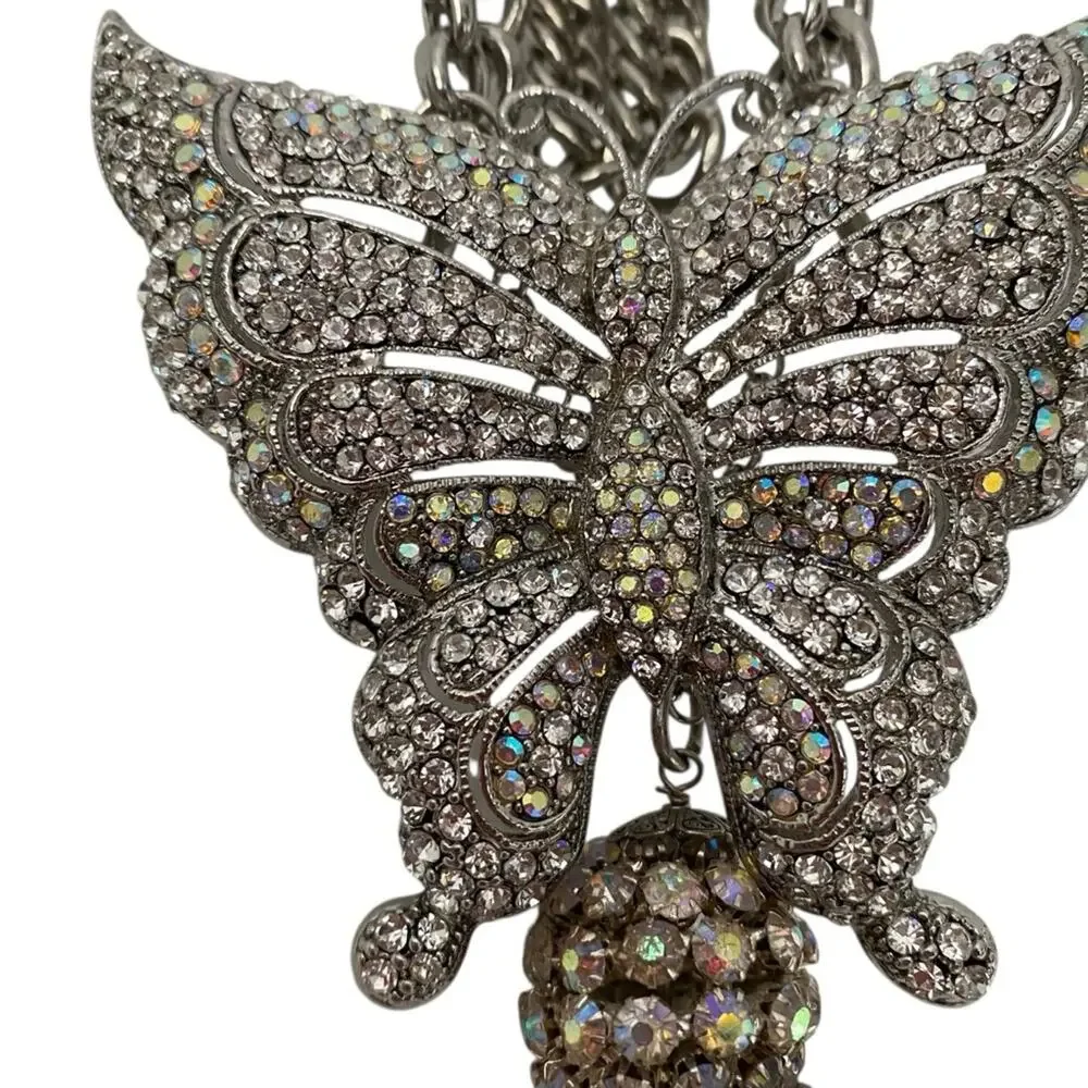 Vintage Silver Tone Rhinestone Butterfly Layered Necklace